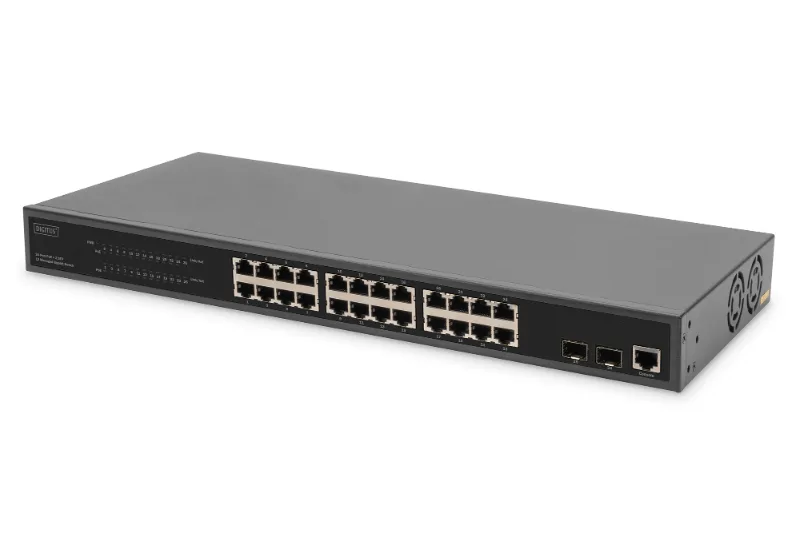 24-Port Gigabit PoE Networkswitch, 19", L2 managed, 2 SFP uplinks, 430 W